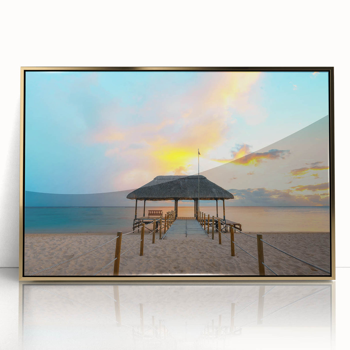 Mid-century modernist art depicting a serene Mauritian landscape in acrylic, framed in gold, ideal for nursery wall decor.