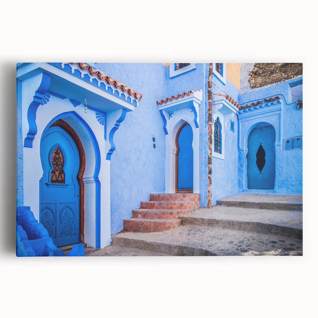 Black and white stretched canvas of Moroccan scenery, ideal for kitchen wall art.