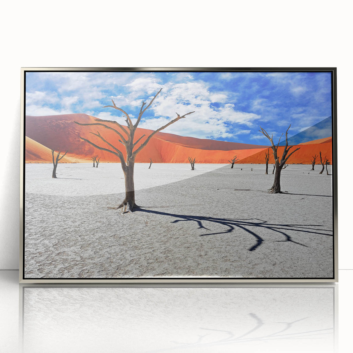 Acrylic print of Namibian landscape, muted earth tones, framed in silver, ideal for modern art wall decor.