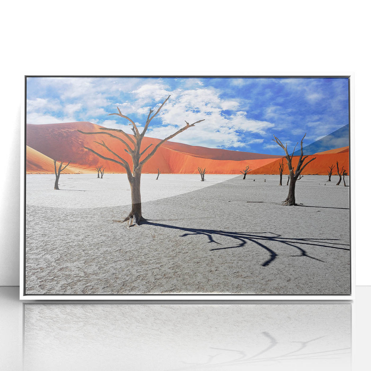 Acrylic print of a Namibian landscape with muted earth tones in a mid-century modernist style.