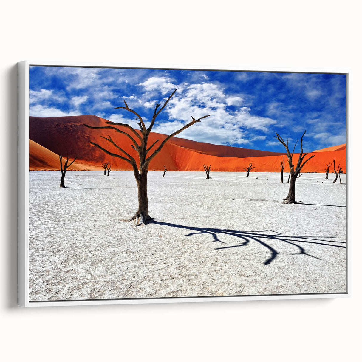 Framed canvas depicting a serene Namibian landscape with muted earth tones, ideal for bedroom wall art.