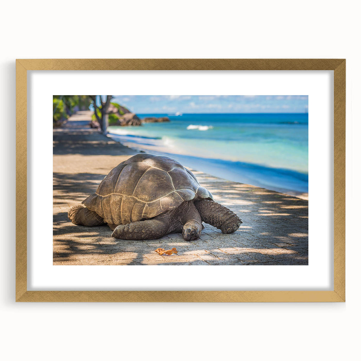 Abstract art print of Seychelles scenery in gold frame with mat, featuring vivid blue and green tones.