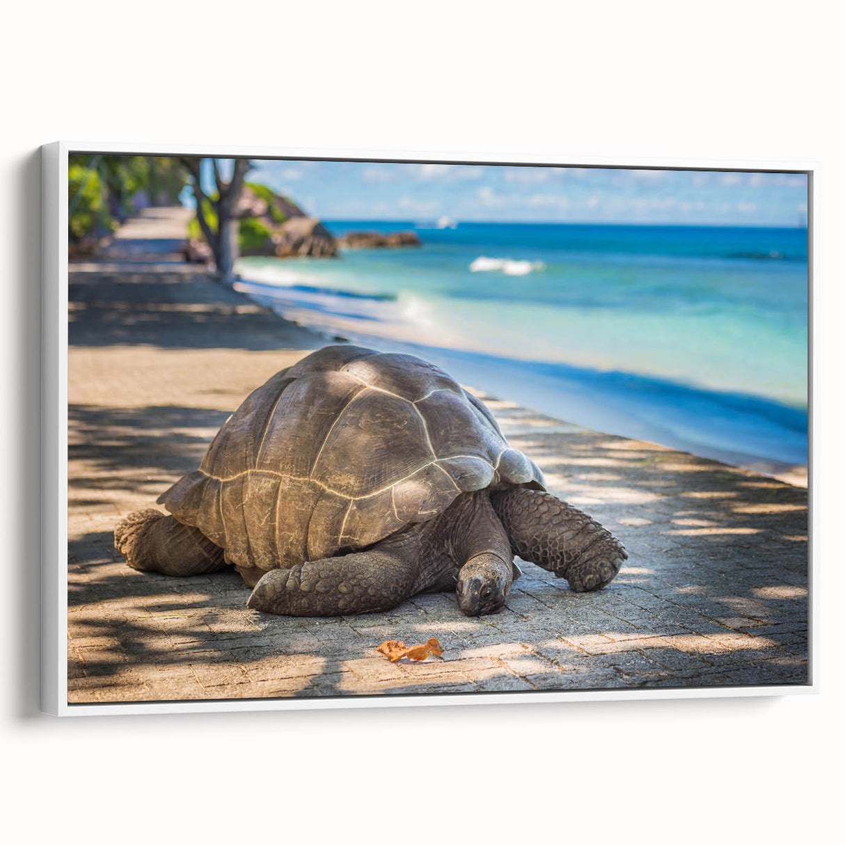 Framed canvas of a vintage Seychelles scenery poster in vibrant colors, suitable for living room decor.