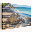 Side view of a stretched canvas depicting a serene Seychelles beach scene, ideal for kitchen wall art.