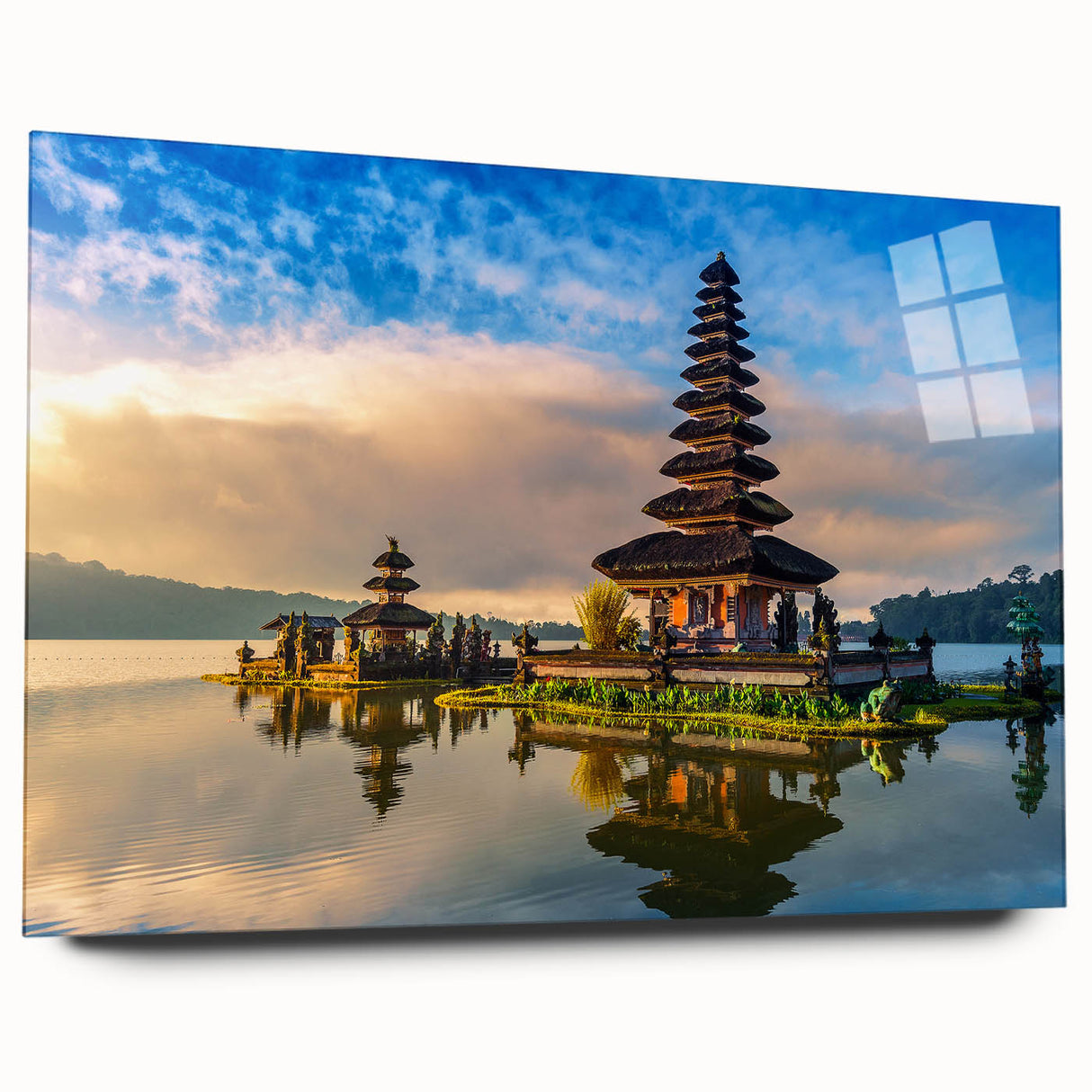 Large abstract wall art depicting a serene Indonesian landscape in muted green and blue tones, acrylic print.