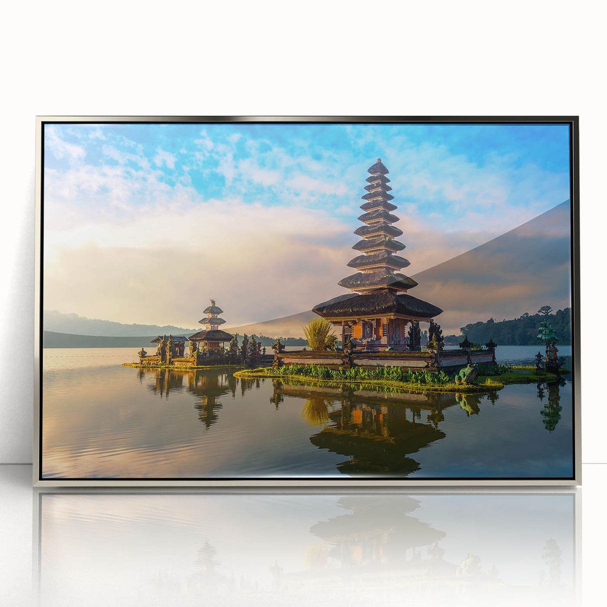 Mid-century modernist art depicting an Indonesian landscape in muted greens and blues on a framed acrylic panel.