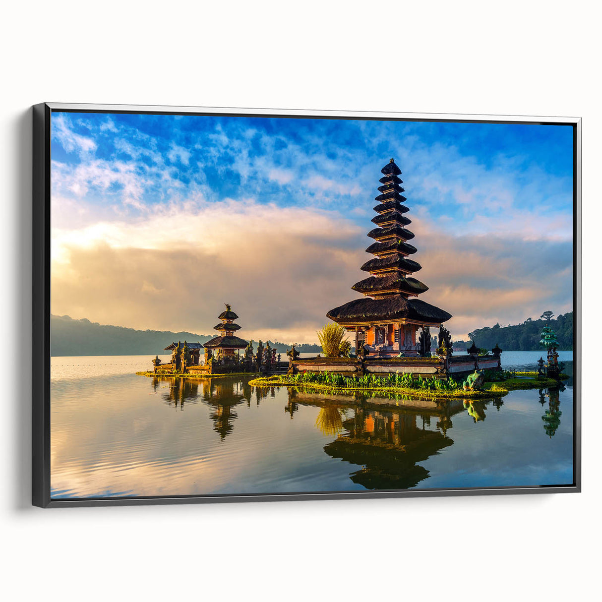 Black and white landscape art painting of Indonesian scenery on framed canvas, ideal for bedroom wall decor.