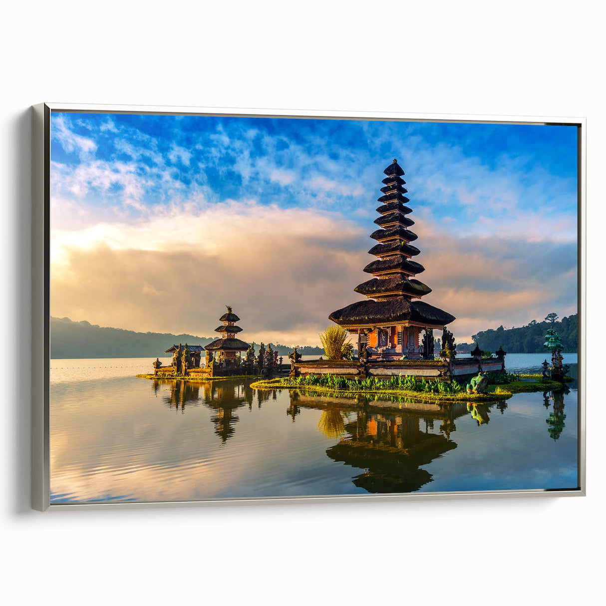Landscape art painting of an Indonesian scenery on framed canvas, featuring vibrant green and blue tones.