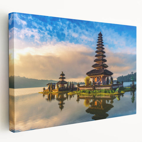 Large art canvas depicting a serene Indonesian landscape in muted green and blue tones, suitable for kitchen wall art.
