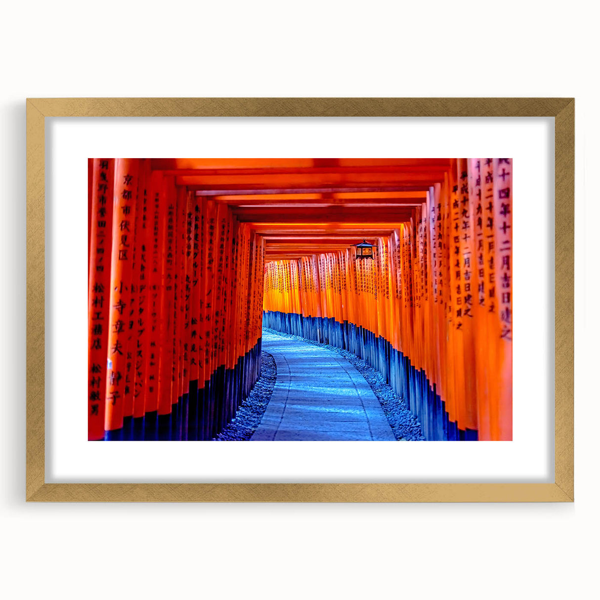 Extra large abstract art print of a textured Kyoto scenery in muted earth tones, framed in gold, ideal for living room decor.