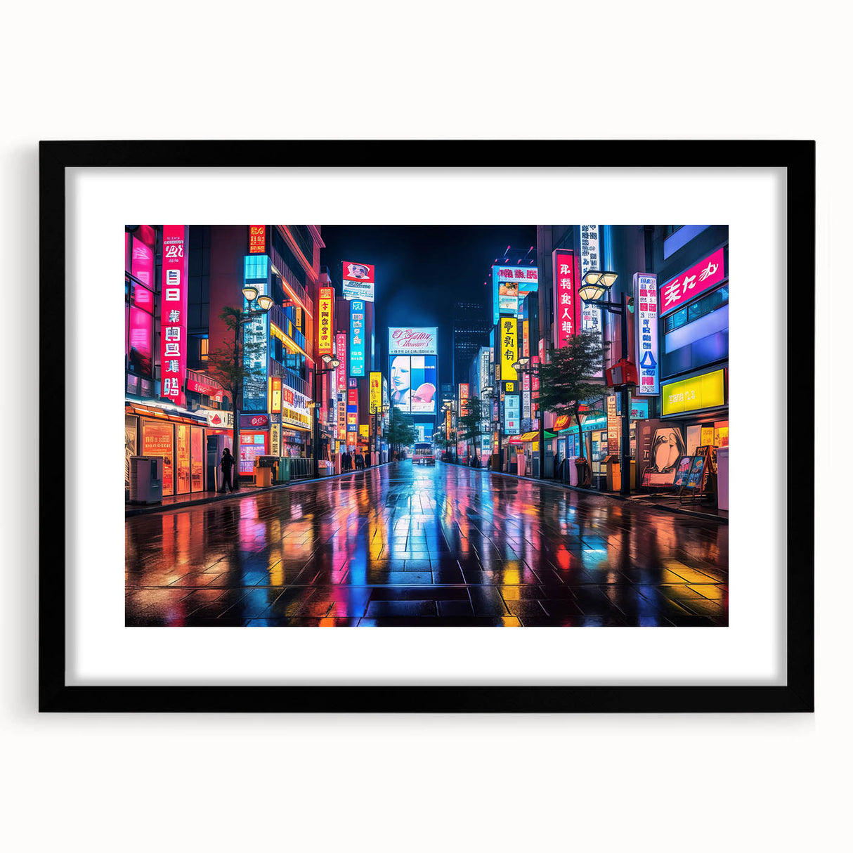 Abstract art print of Tokyo skyline in vibrant colors on a large framed canvas, ideal for living room decor.