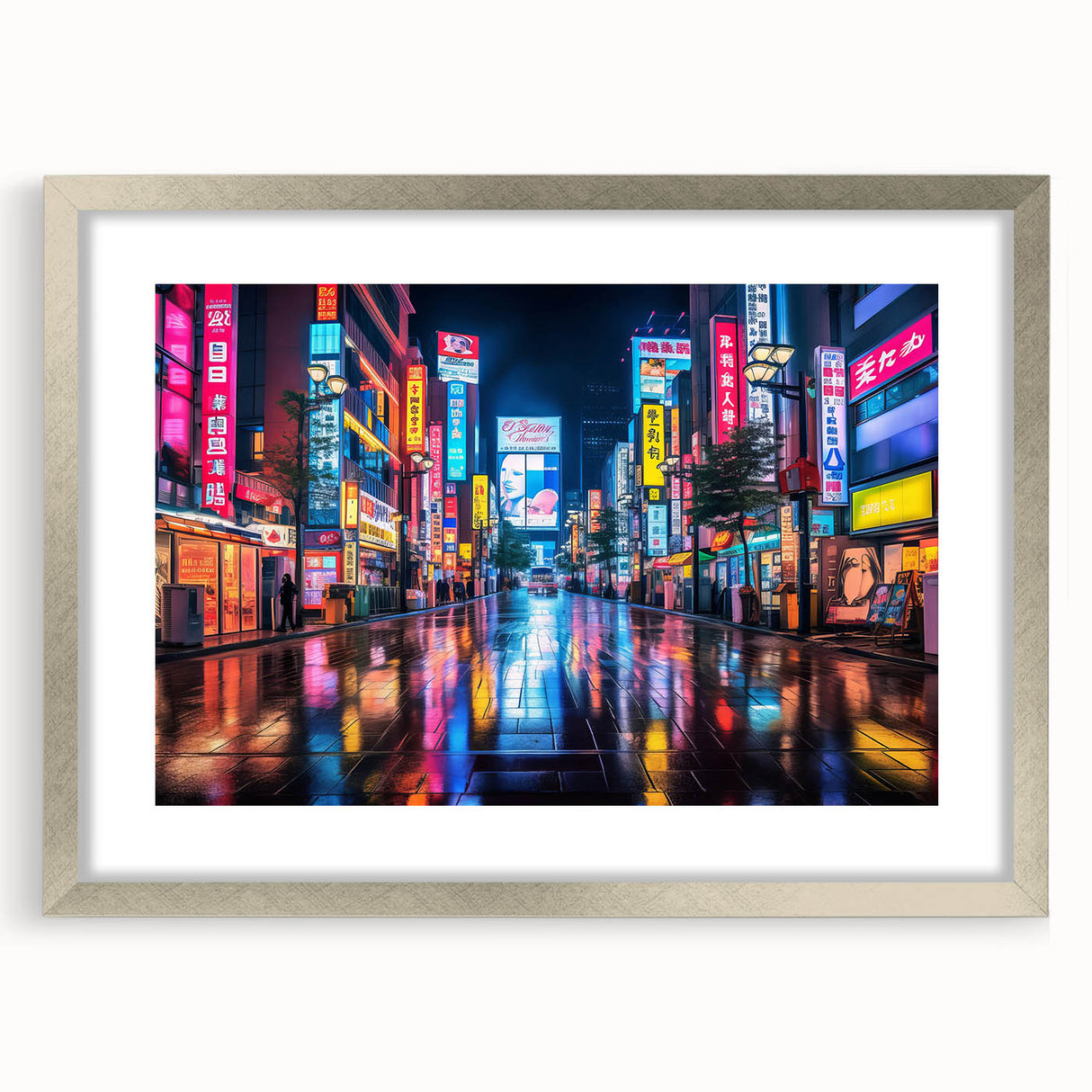 Textured abstract art print of Tokyo skyline in muted gray and silver tones, framed with a matte silver finish.