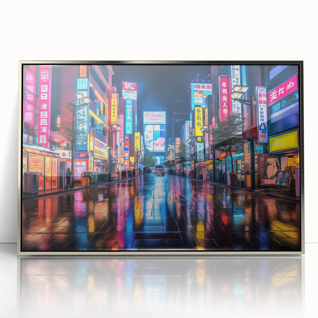 Mid-century modernist Tokyo skyline in muted gray tones, framed acrylic print, suitable for modern art wall decor.