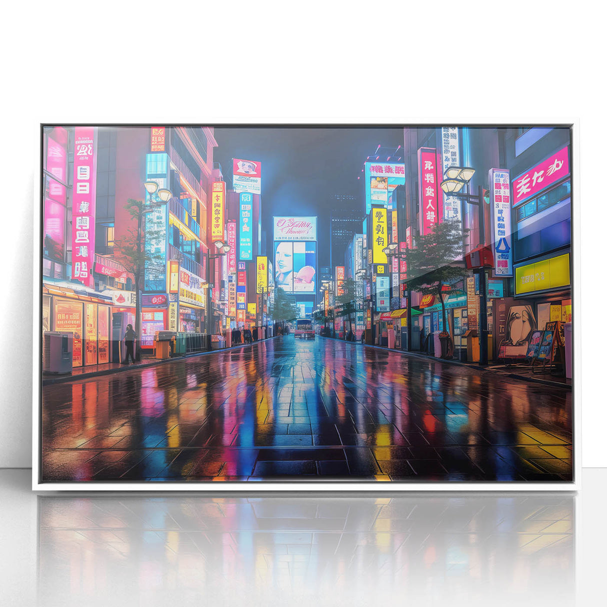 Art deco poster of Tokyo skyline in muted gray and blue tones on a framed acrylic, ideal for modern bedroom ambiance.