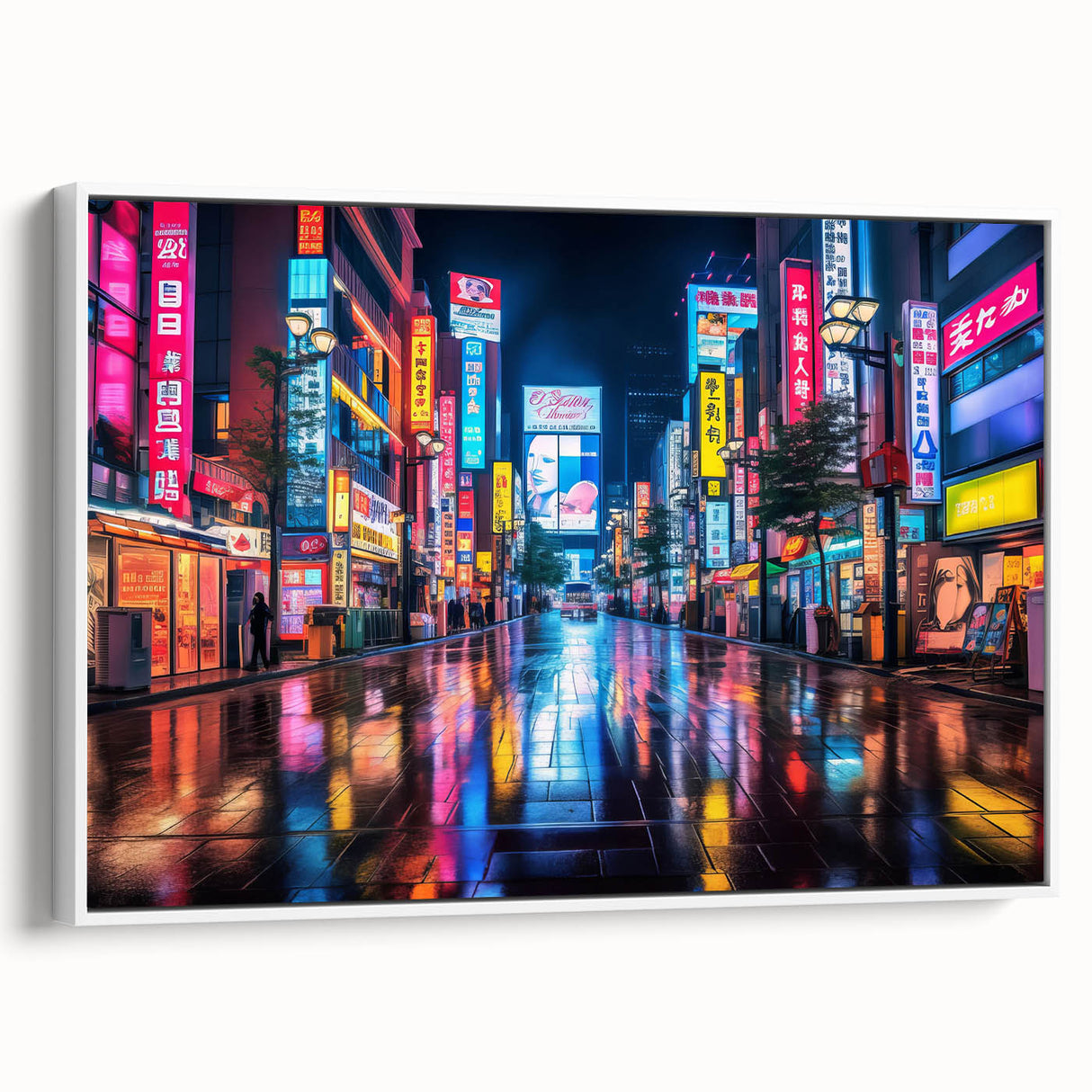 Vintage poster art of Tokyo scenery on extra large framed canvas, featuring colorful art with black accents.