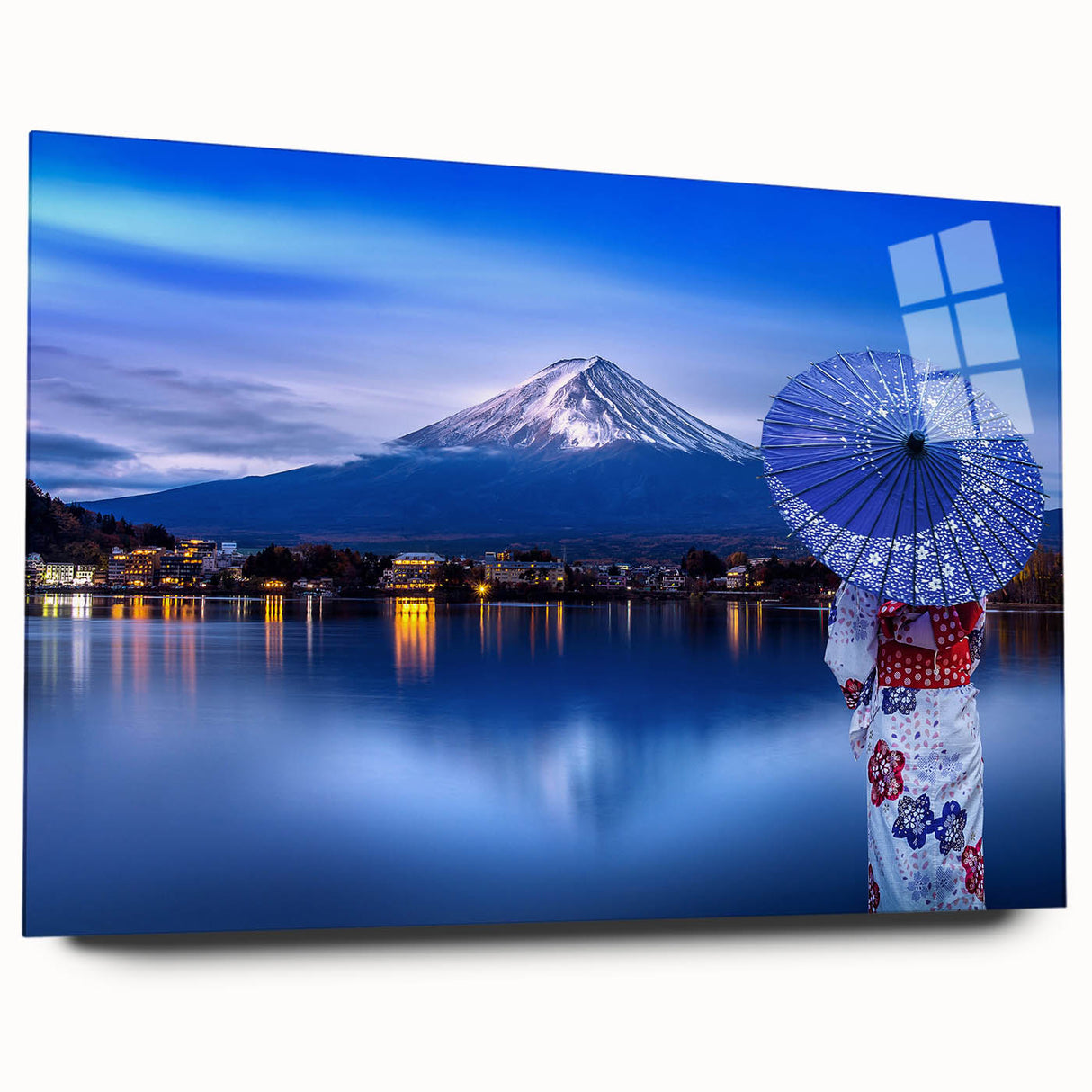 Large abstract wall art depicting an Asian scenery in muted earth tones on acrylic glass.