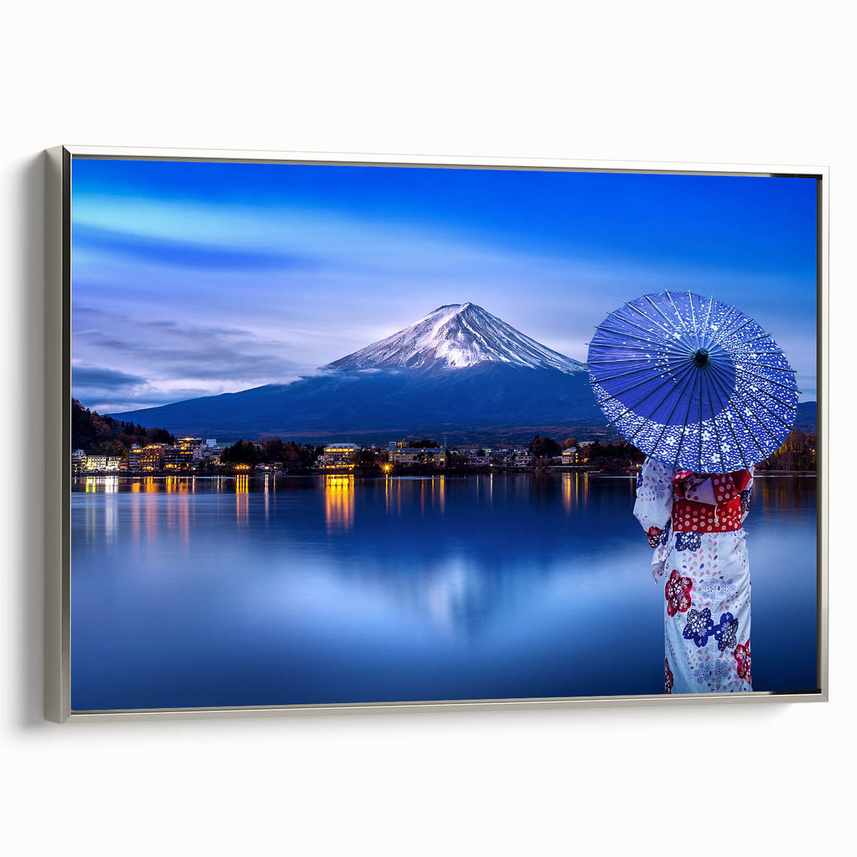 Framed canvas featuring a vintage Japanese landscape painting with colorful art elements on a black background.