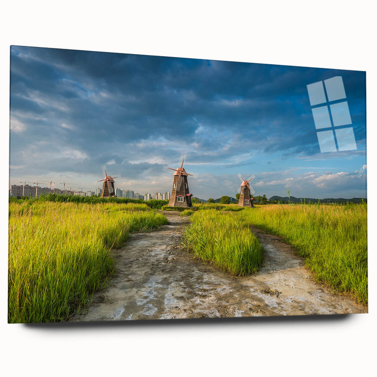 Large abstract wall art of a serene Korean landscape in muted earth tones on acrylic glass.