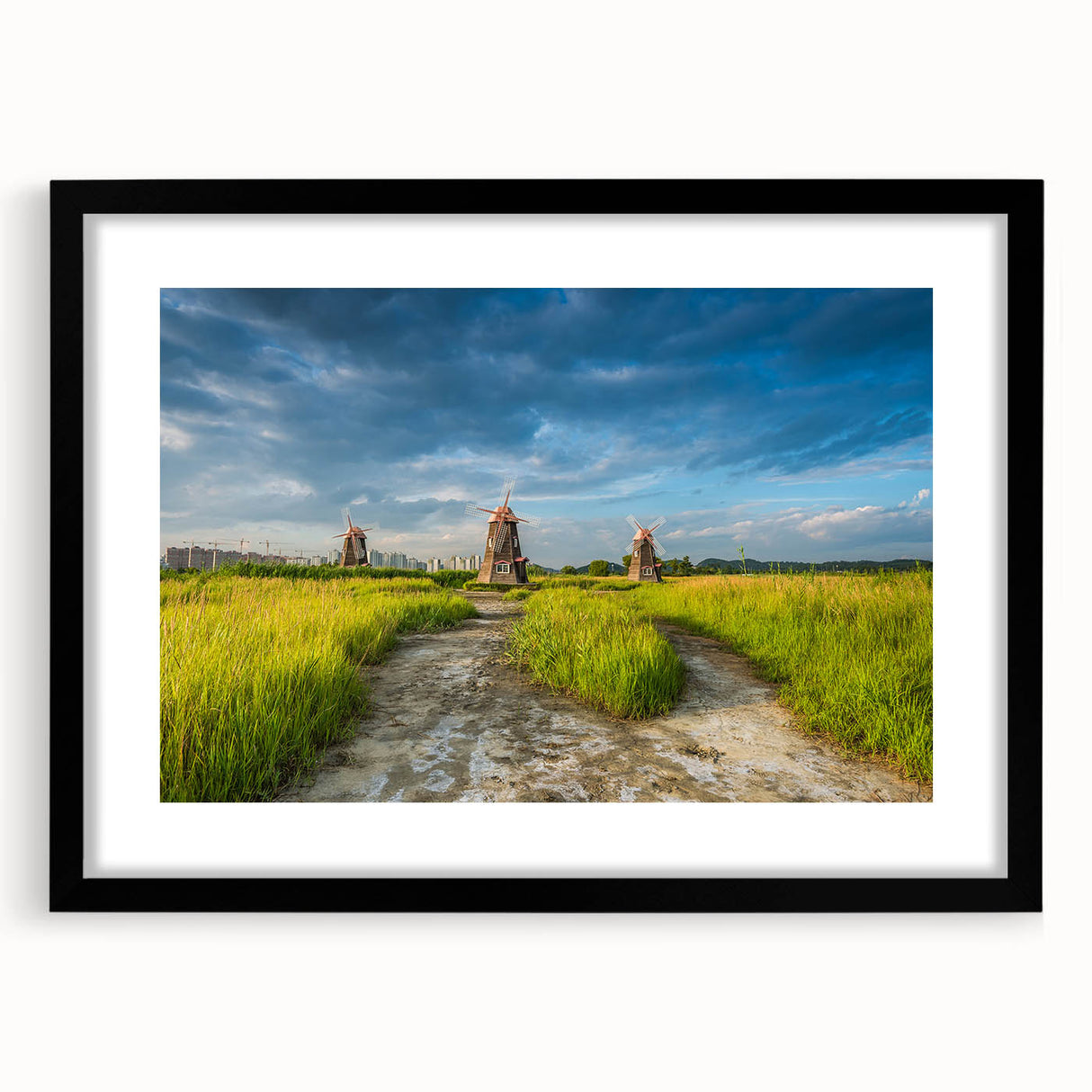 Extra large abstract art print featuring textured, colorful imagery of a stylized Korean landscape on a framed black mat.