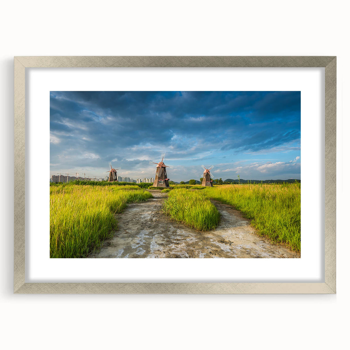 Textured abstract art print of an Asian landscape in muted earth tones, framed in silver, ideal for bedroom art.