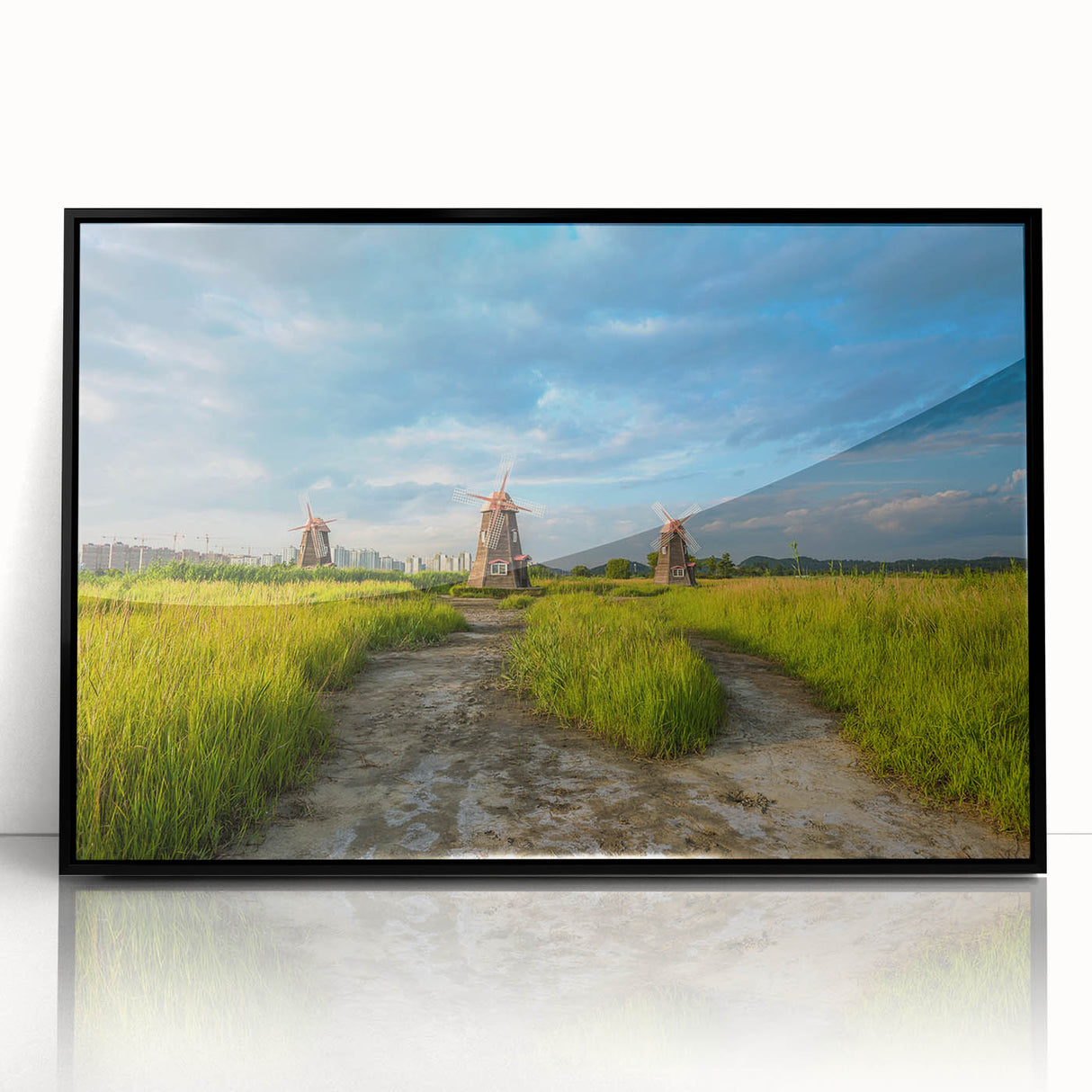 Large abstract wall art featuring a stylized Korean landscape in muted earth tones, framed in black acrylic.