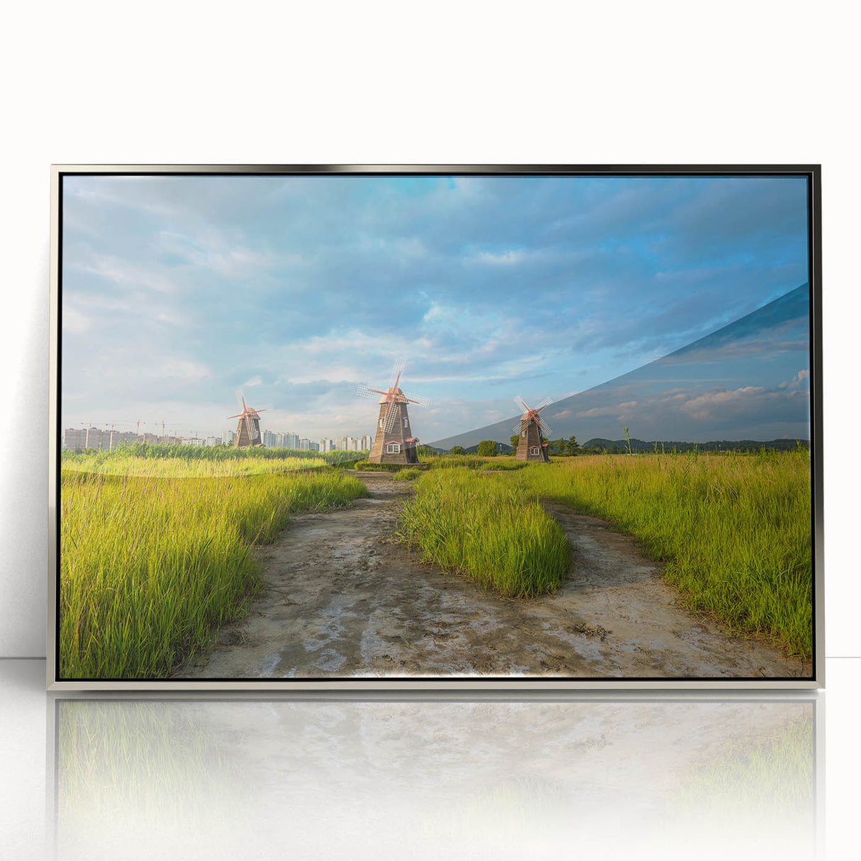 Mid-century modernist art depicting a serene Korean landscape in muted earth tones on a framed acrylic print.