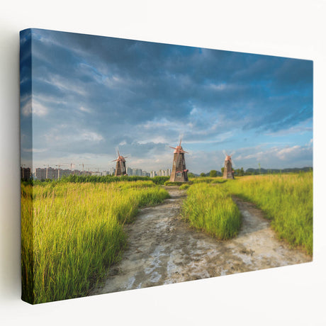 Large stretched canvas featuring a traditional Korean landscape scene in muted earth tones, ideal for kitchen wall art.