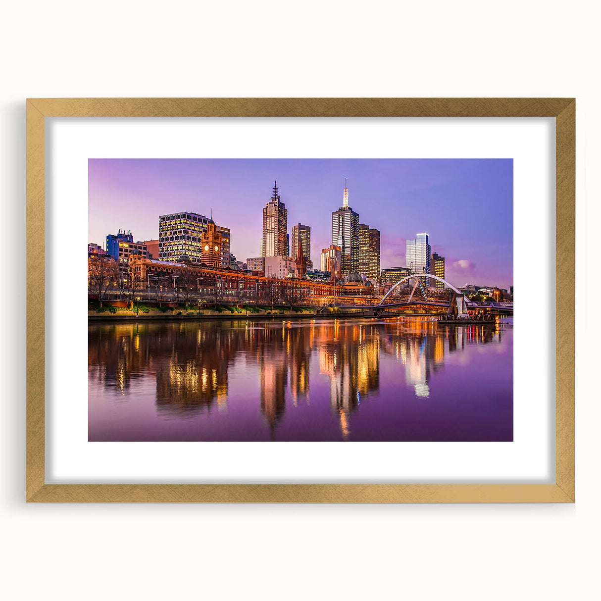 Textured abstract art print of Melbourne skyline in muted earth tones on a framed canvas, suitable for bedroom decor.