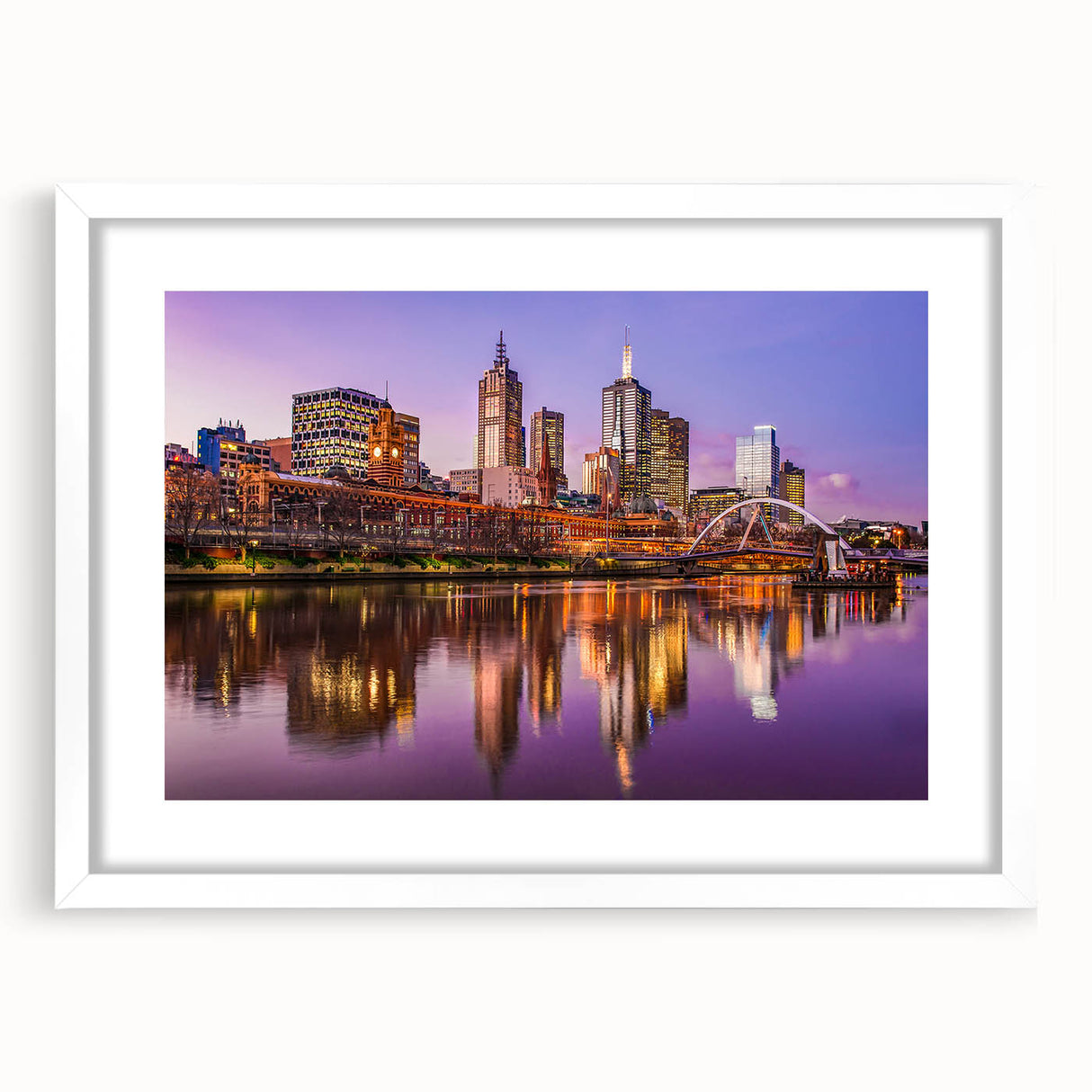 Extra large abstract art print of Melbourne scenery in textured style, framed in white, ideal for living room decor.