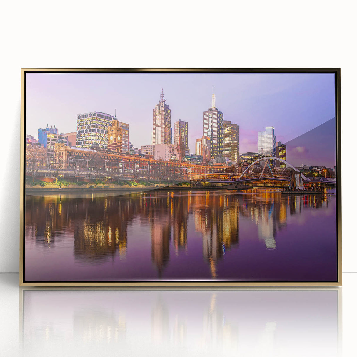 Mid-century modernist art depicting Melbourne skyline in muted gold tones on a framed acrylic.