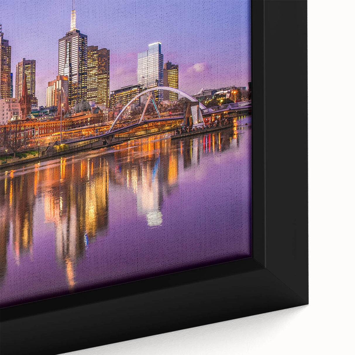 Close-up of a textured black wall art featuring a colorful Melbourne skyline on a framed canvas, ideal for living room decor.