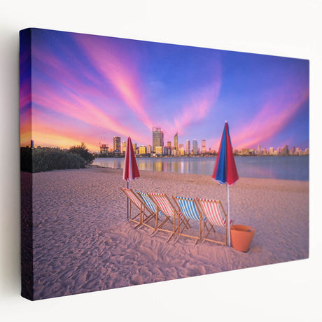 Large stretched canvas depicting the Perth skyline in muted blue and gray tones, ideal for kitchen wall art.