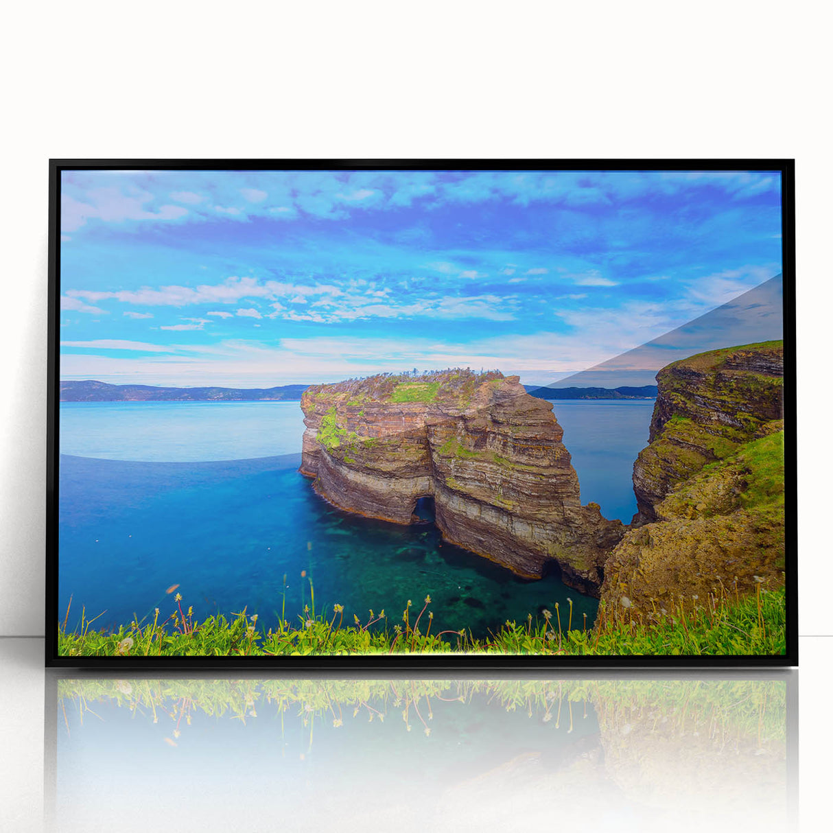 Large abstract wall art of a Newfoundland scenery in muted gray and blue, framed acrylic, ideal for modern living room decor.