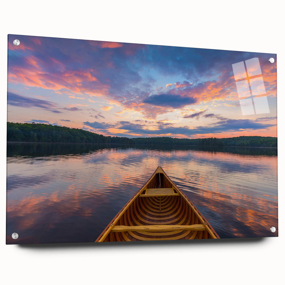 Acrylic print of a serene Ontario landscape in muted green and blue hues, suitable for dining room decor.