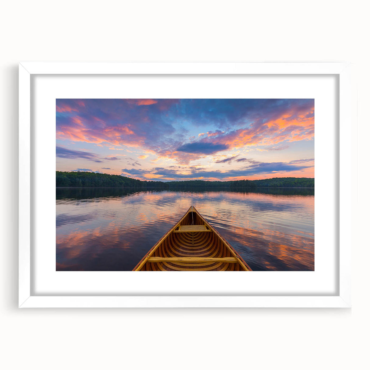 Abstract art print of a serene Ontario landscape, in muted blues and greens, framed with a white mat.