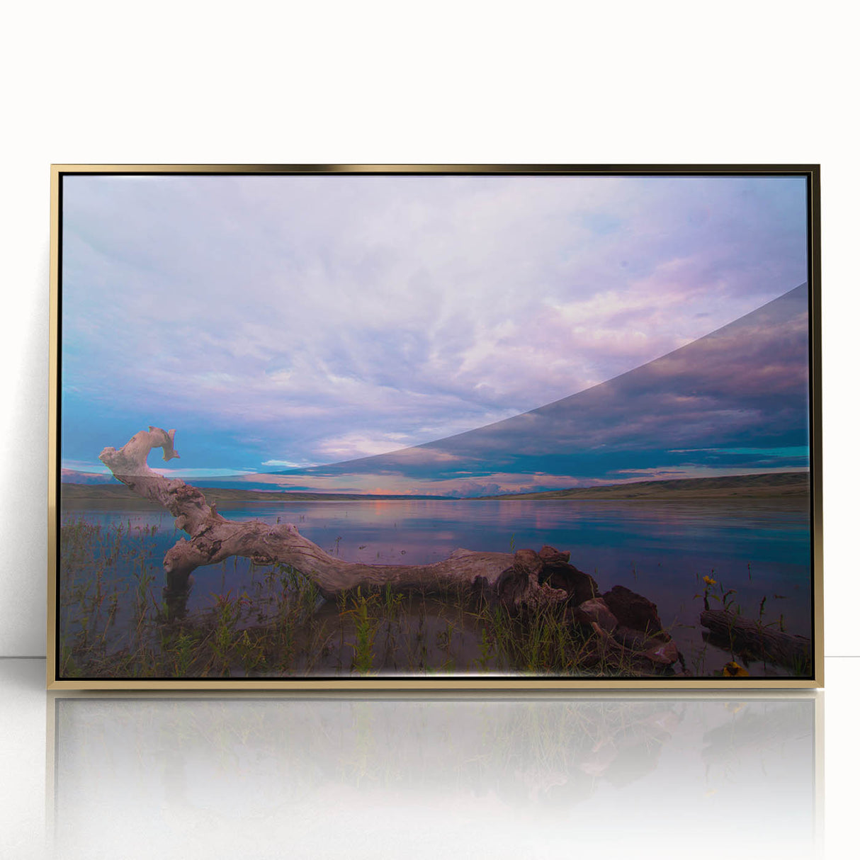 Mid-century modernist style large art print of Saskatchewan scenery, in gold tones on framed acrylic.