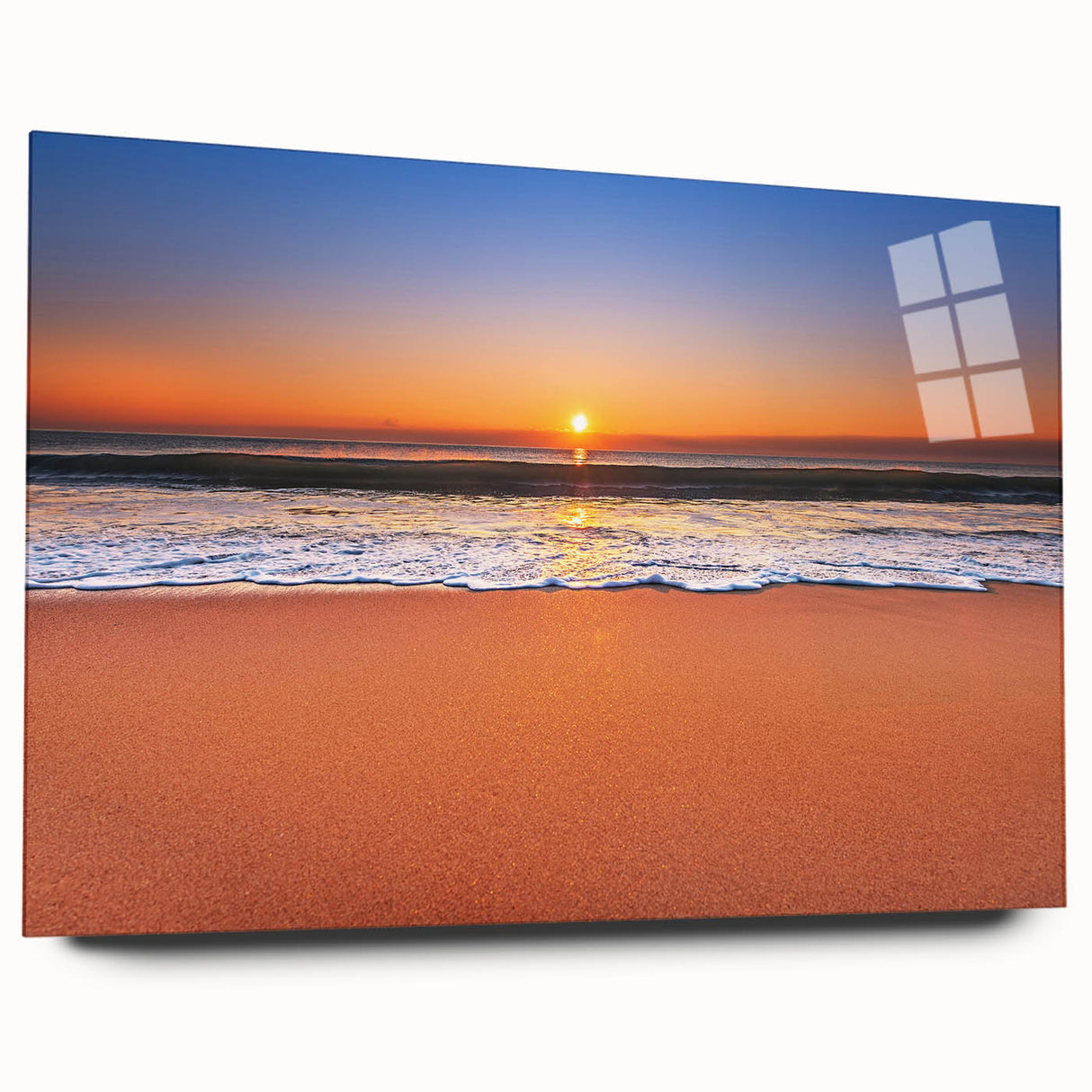 Large abstract wall art of Caribbean scenery in vibrant blue and green hues on acrylic glass.