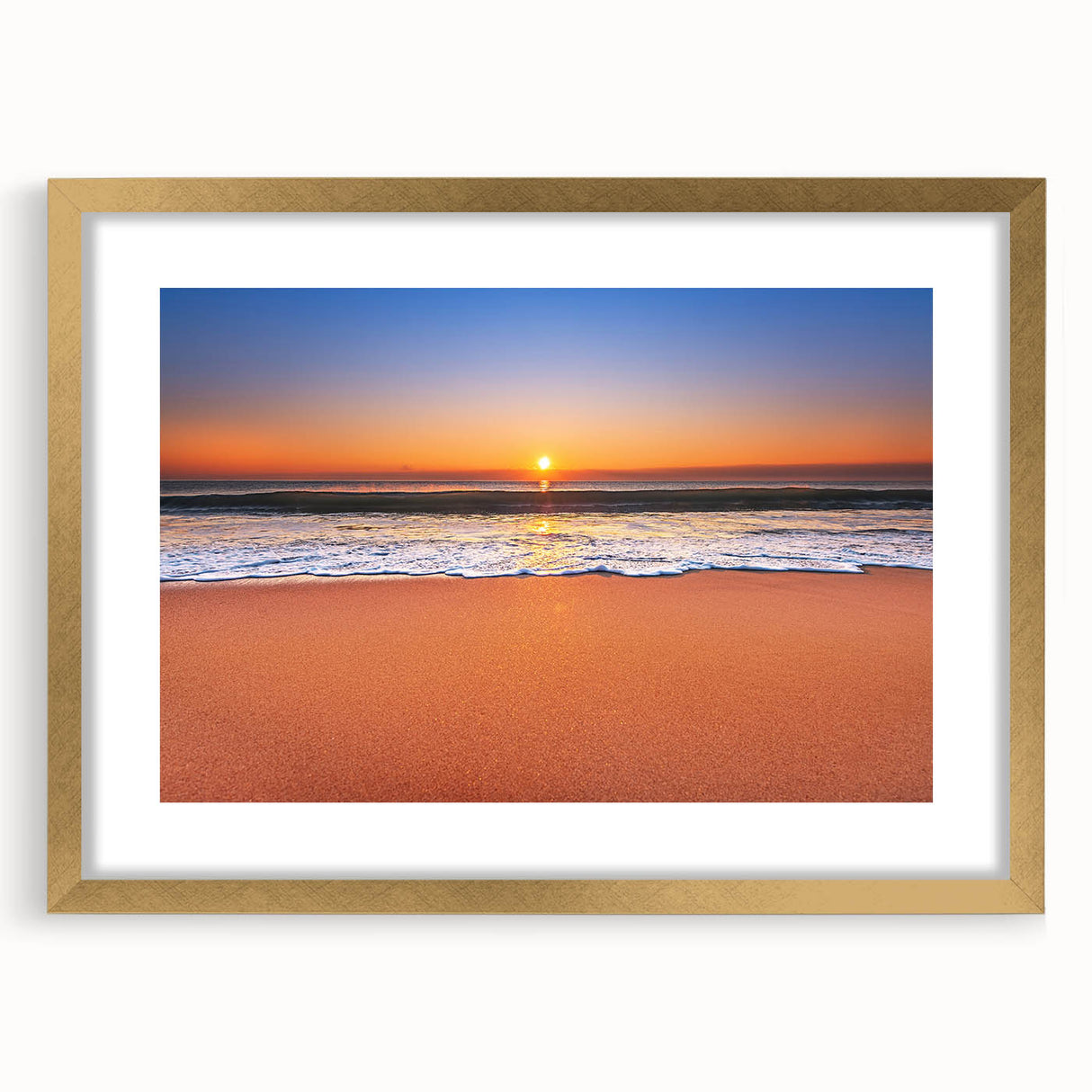 Abstract art print of a Caribbean seascape in muted blue and green tones on a framed gold mat, ideal for dining room decor.