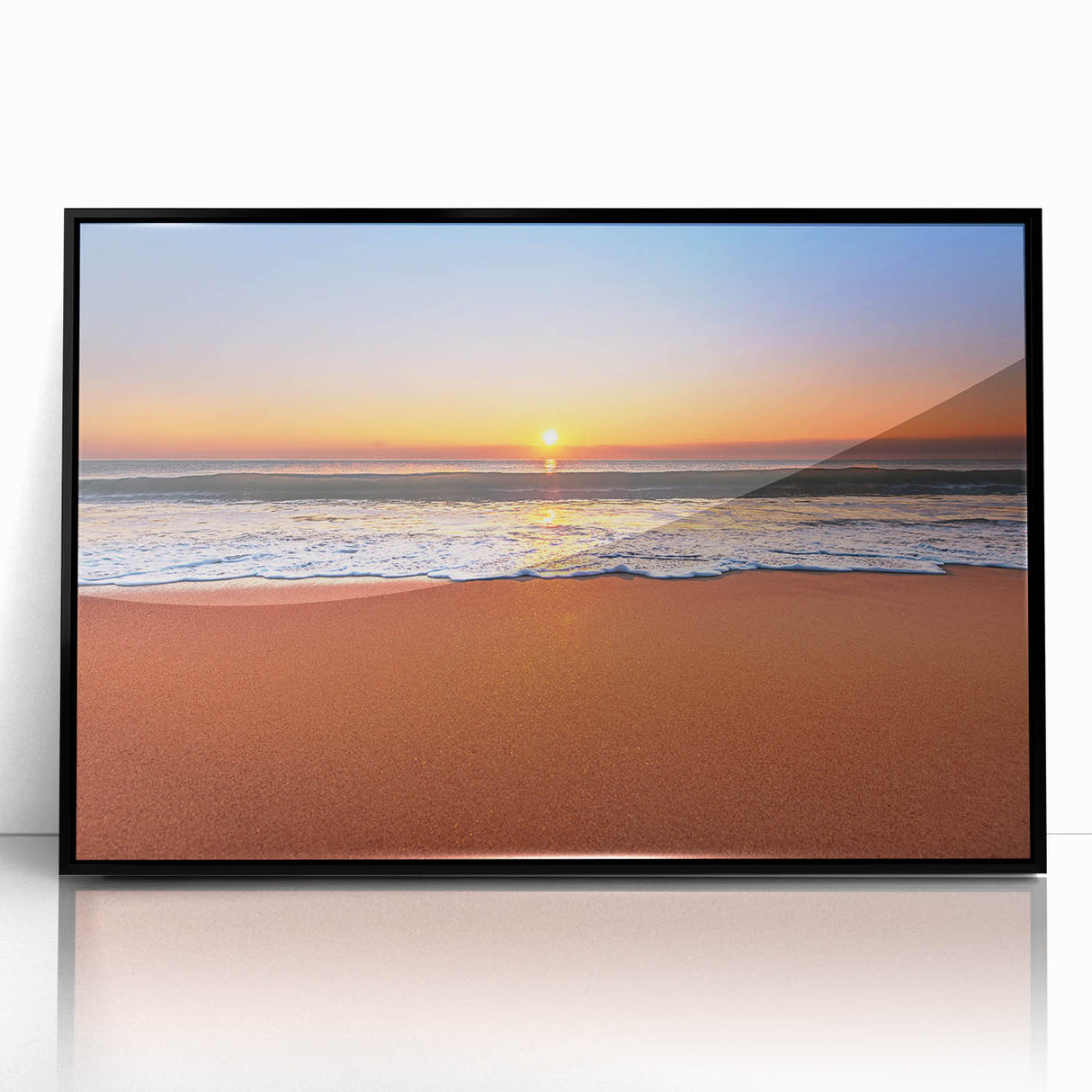 Large abstract wall art depicting a Caribbean Barbados scenery in vibrant blue and green tones, framed in black acrylic.