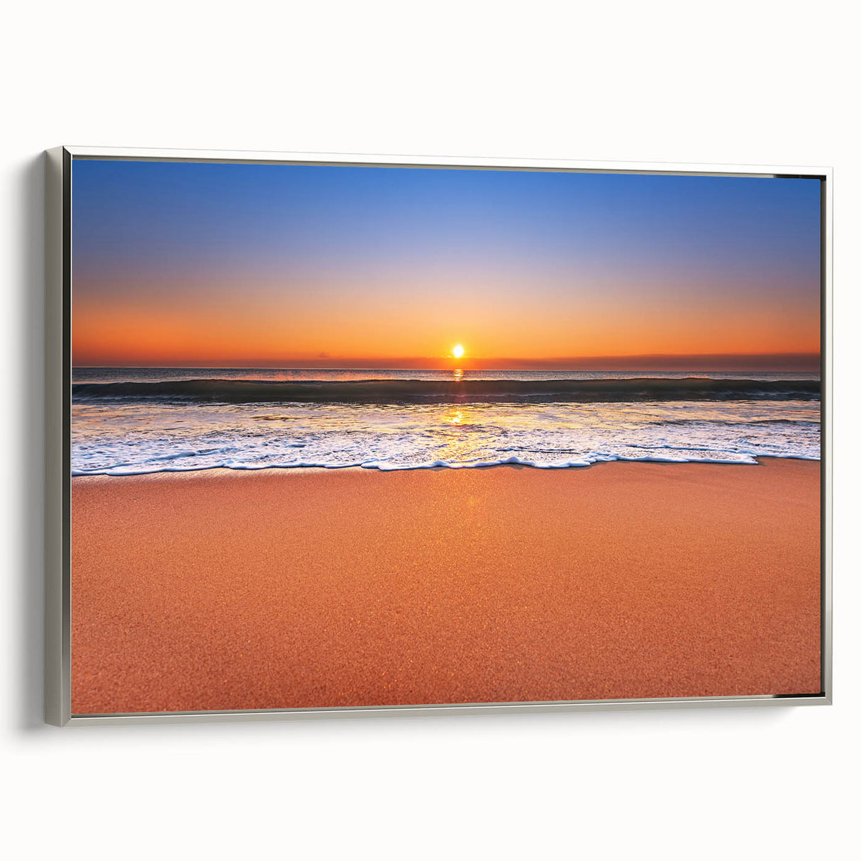 Framed canvas featuring a vintage-style landscape painting of the Caribbean with muted blues and greens.