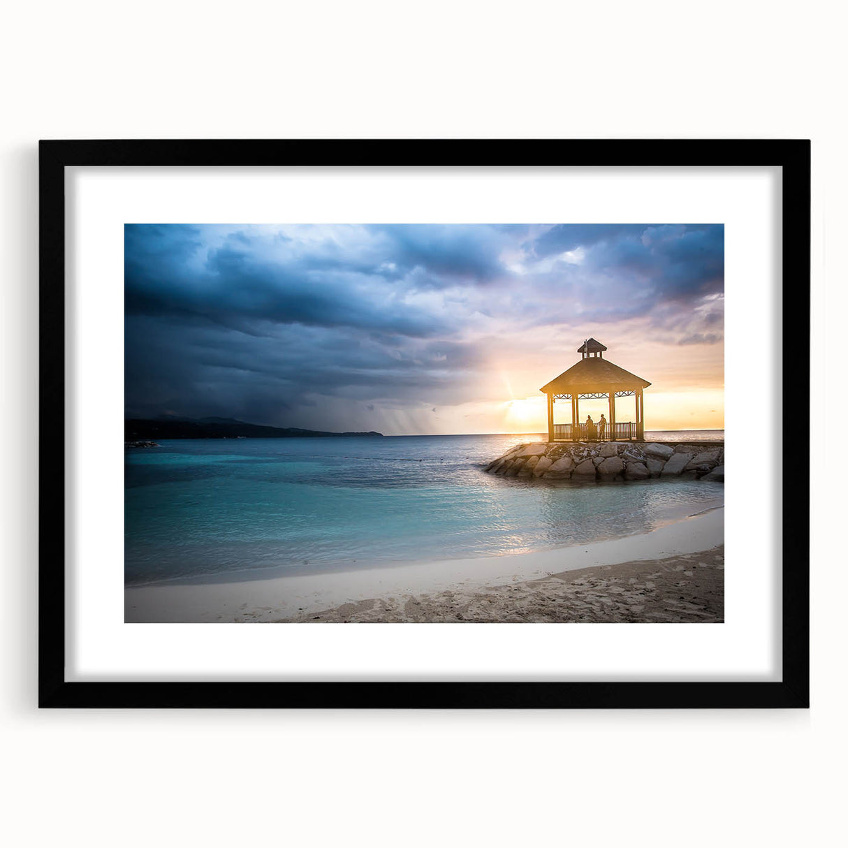 Extra large abstract art print of a Caribbean scene in vibrant colors on a textured canvas, framed in black.