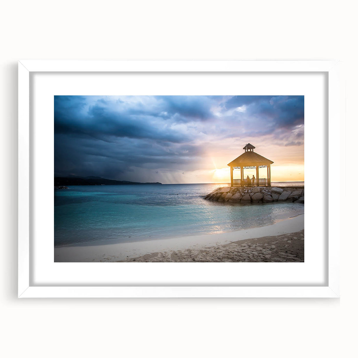 Textured abstract art print depicting a Caribbean seascape in vibrant blue and green tones on a framed white mat.