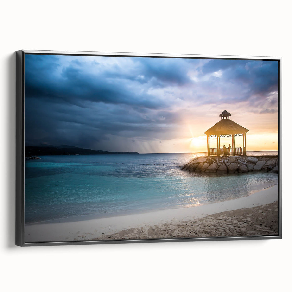 Black and white framed canvas depicting a vintage Jamaican landscape, ideal for bedroom wall art.