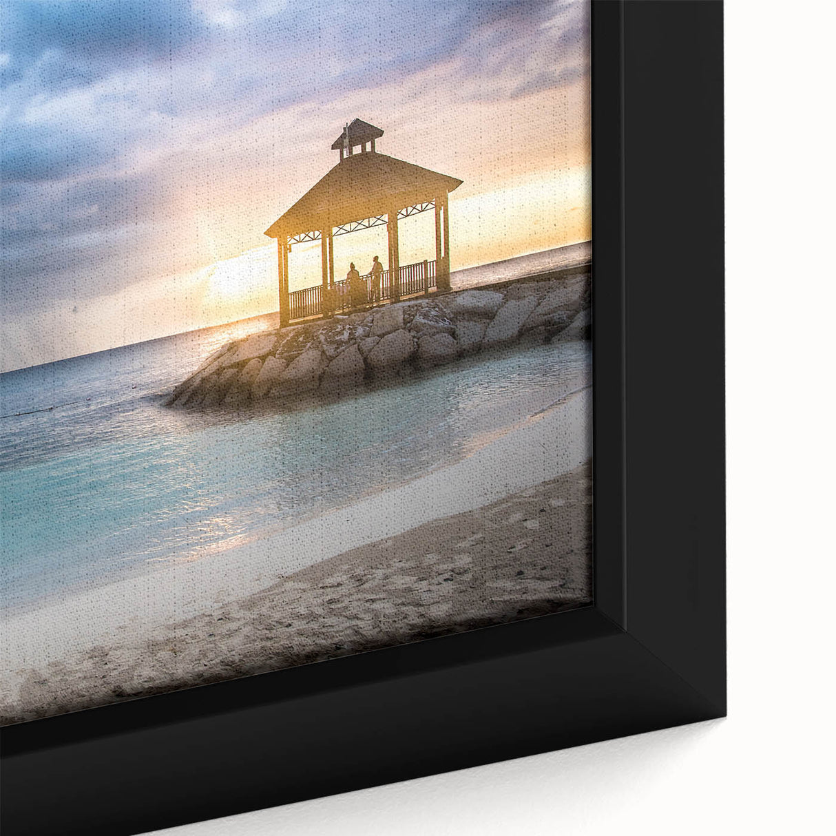 Black wall art depicting a textured Caribbean scene on extra large framed canvas, with vibrant colors.
