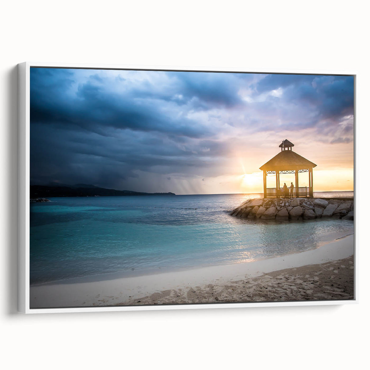 Framed canvas landscape art painting depicting a colorful Jamaican scenery, ideal for enhancing a living room's decor.