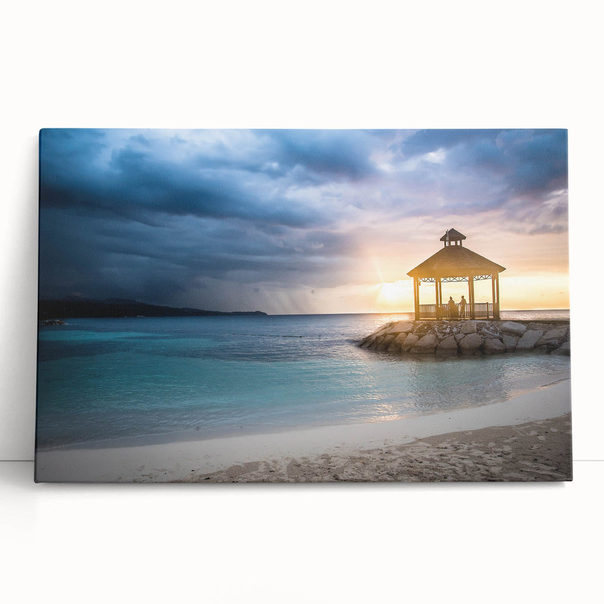 Black and white stretched canvas of a serene Caribbean beach scene, ideal for kitchen wall art.