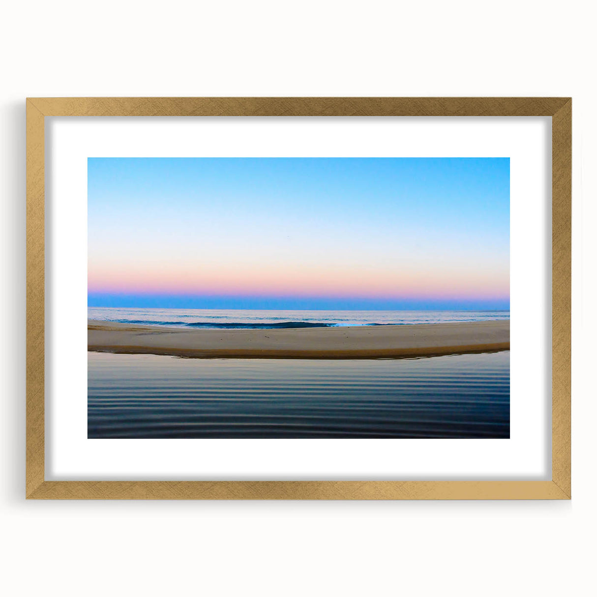 Extra large abstract art print depicting textured scenery of Cabo San Lucas in muted gold and blue tones.