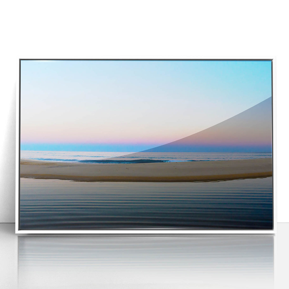 Acrylic print of Cabo San Lucas scenery in art deco style with pastel color palette, framed in white.