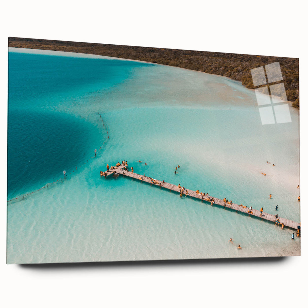 Large abstract wall art featuring vibrant blue and green hues of Quintana Roo scenery on acrylic glass.