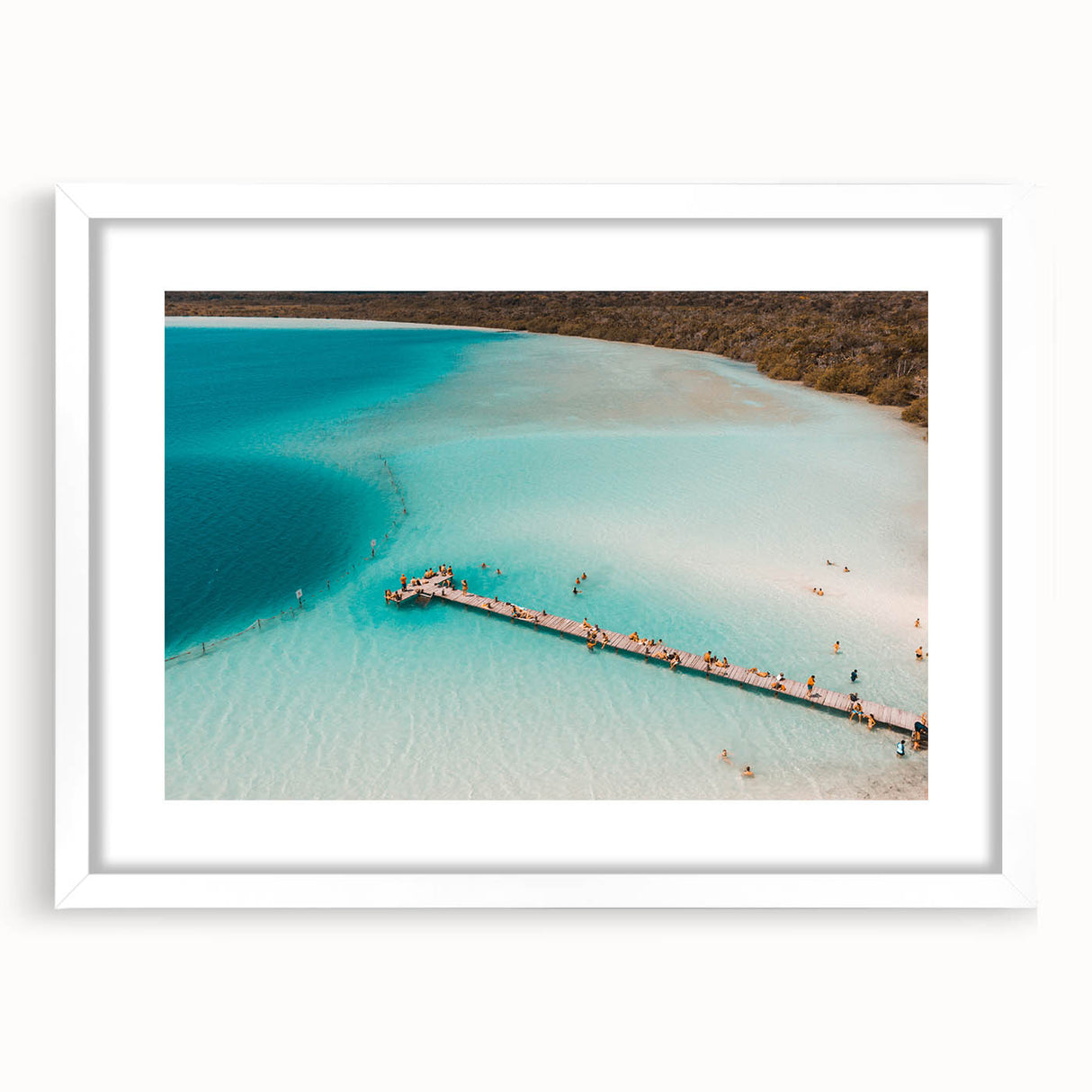 Abstract art print of Quintana Roo scenery in muted blue and green tones on a white framed canvas.